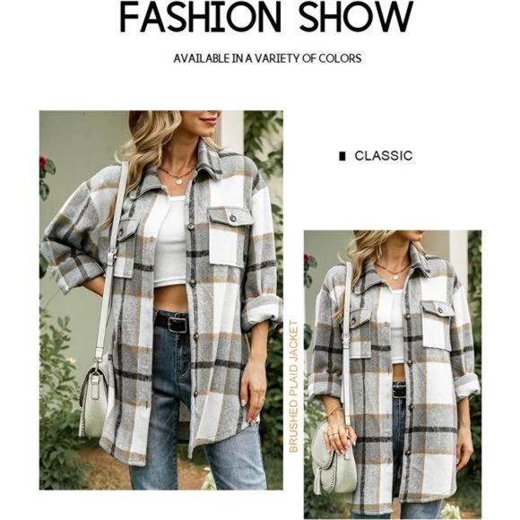 Women's Flannel Plaid Shacket Long Sleeve Button Down Shirts Jacket Coats‎ - Picture 3 of 6